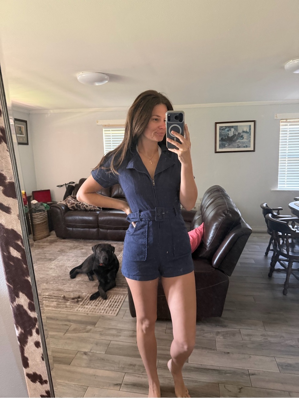 Navy Short-Sleeve Denim Romper with Self Belt